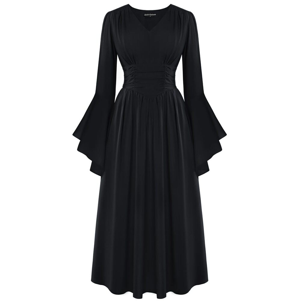 1827 Renaissance Dress Medieval Plus Size Bell Sleeve Peasant Dresses Black